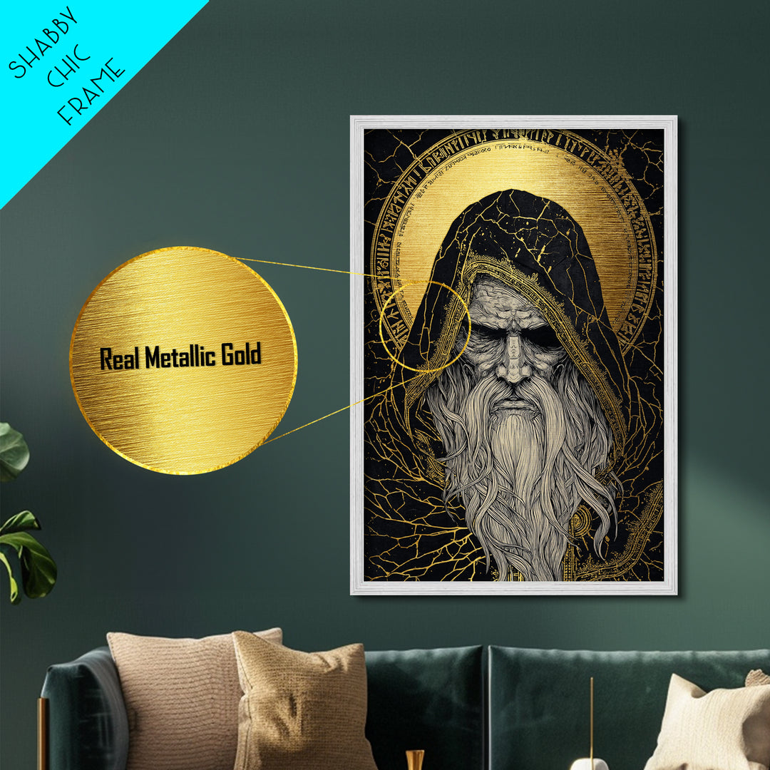 Norse God Odin Metallic Gold Art, Viking Mythology Metal Art in natural wood frame, powerful Nordic wall art for office or man cave