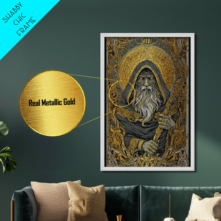 Viking Odin Metallic Gold Art, Nordic Mythology Metal Art with real wood frame, masculine office wall art or unique Norse gift for dad