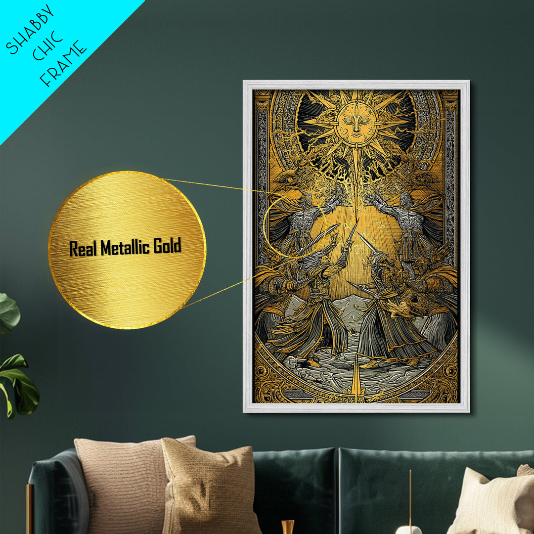 Ragnarök Battle Metallic Gold Art, Viking Apocalypse Norse Myth Metal Art in real wood frame, Nordic wall art for man cave or office