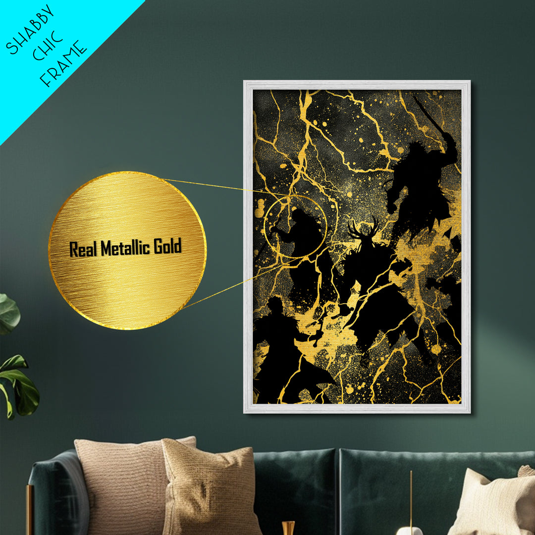 Epic Ragnarok Battle Scene Nordic Wall Art, Metallic Gold Art and Metal Art, Norse Gods Lightning Design with natural wood frame