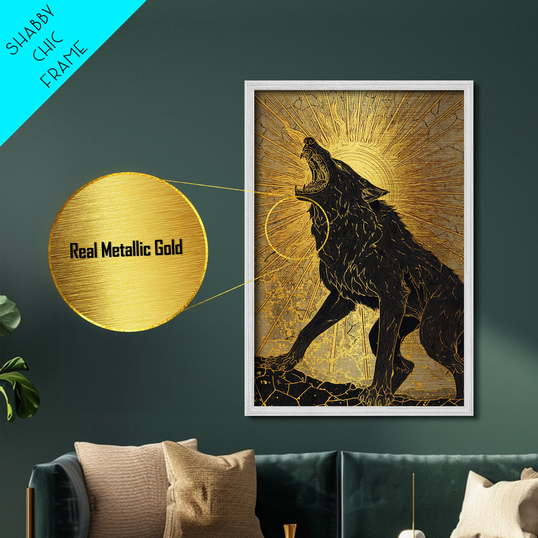 Nordic Fenrir Wolf Metal Art, Metallic Gold Art with Norse Mythology Sun Chaser Wolf, Man Cave Decor framed in authentic wood
