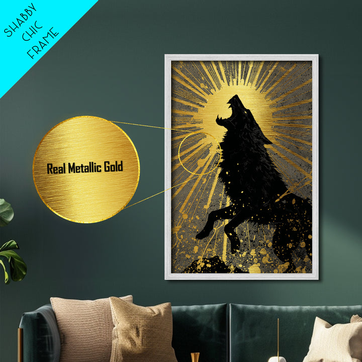 Fenrir Howling Wolf Metallic Gold Art, Norse Mythology Metal Art with Viking Wolf Symbolism, Office Wall Decor in real wood frame