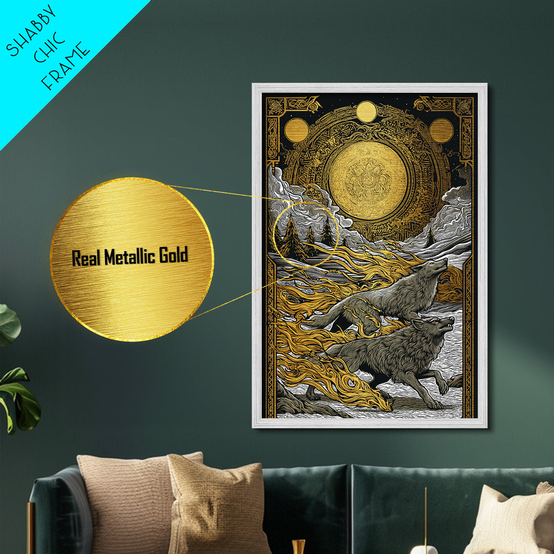 Sköll and Hati Wolves Norse Mythology Art, Metallic Gold Art and Metal Art, Viking Wolf Chasing Sun and Moon framed in wood
