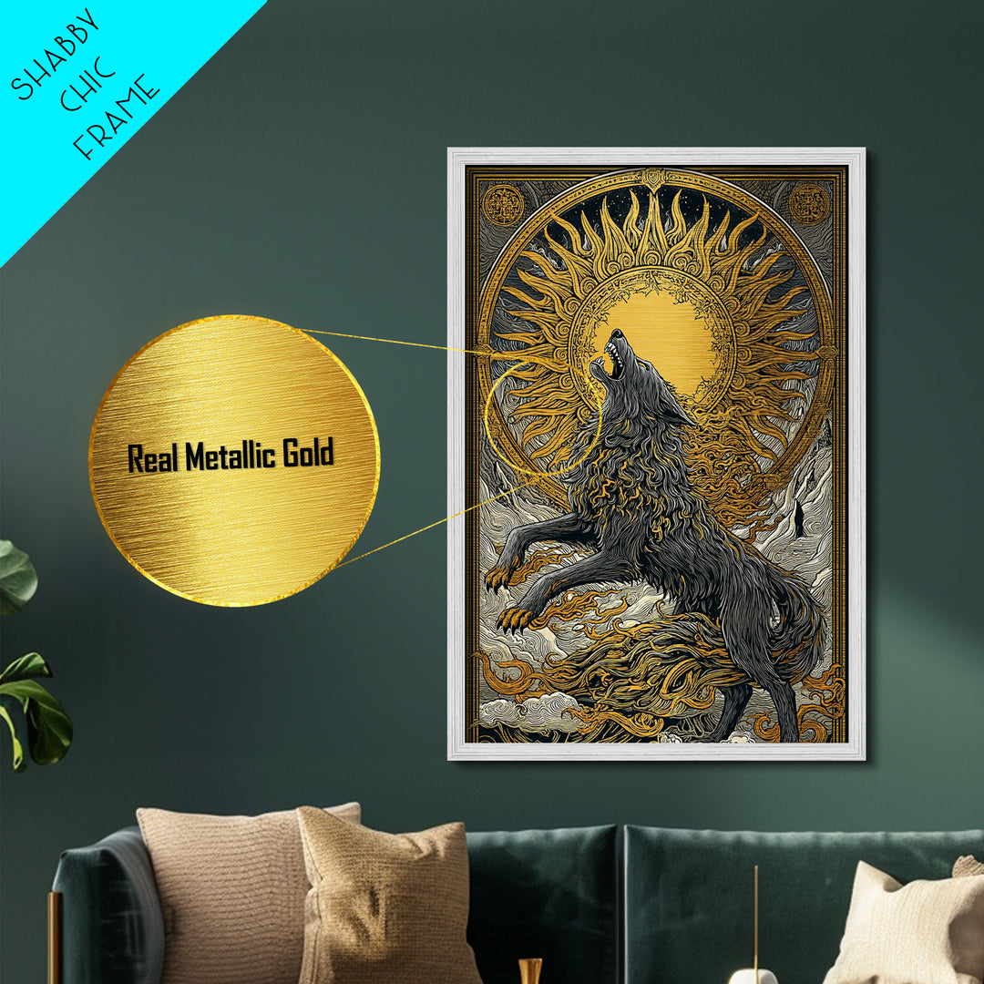 Fenrir Wolf Ragnarok Metal Art, Metallic Gold Art with Norse Mythology Theme, Viking Wolf Office Wall Decor framed in real wood