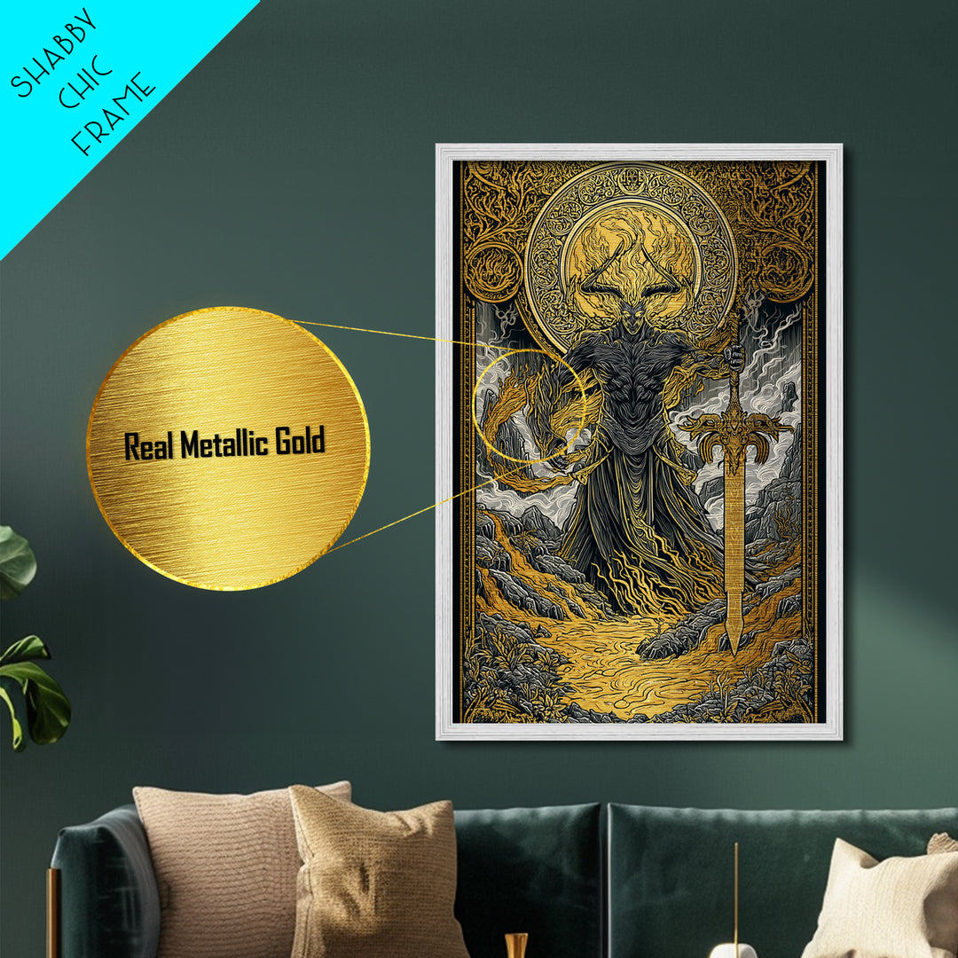 Surtur Fire Giant Norse Mythology Metallic Gold Art Viking Metal Art Dad Gift Office Wall Decor framed with natural real wood