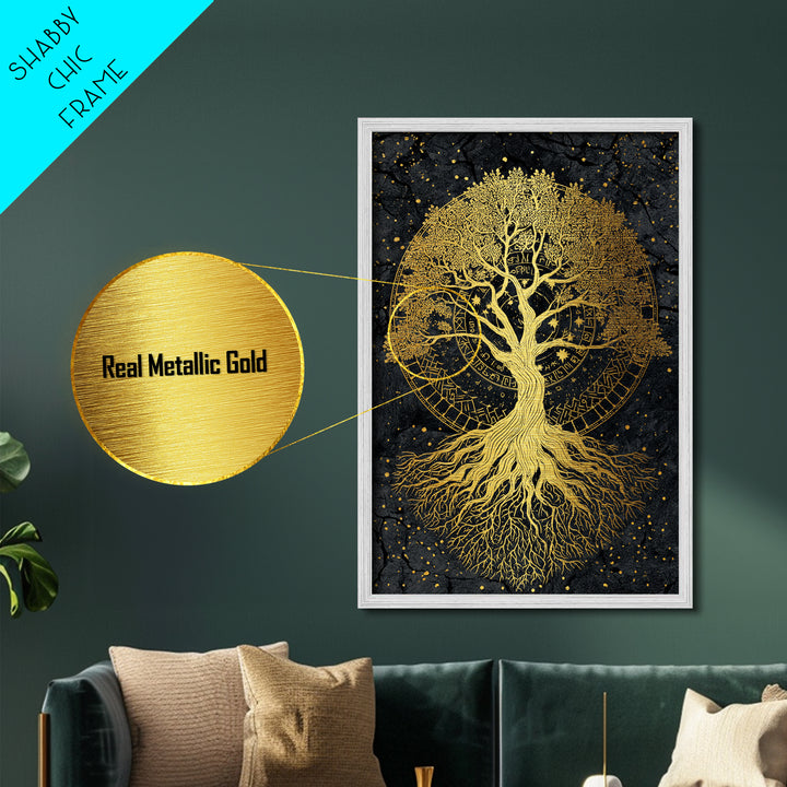 Nordic Yggdrasil Tree of Life Metallic Gold Art Metal Art with real wood frame, Norse Mythology Office Decor and Dad Gift Idea