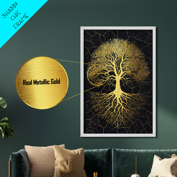 Norse Yggdrasil Tree Metallic Gold Art Metal Art Celestial Design with roots framed in real wood, Unique Office or Man Cave Art