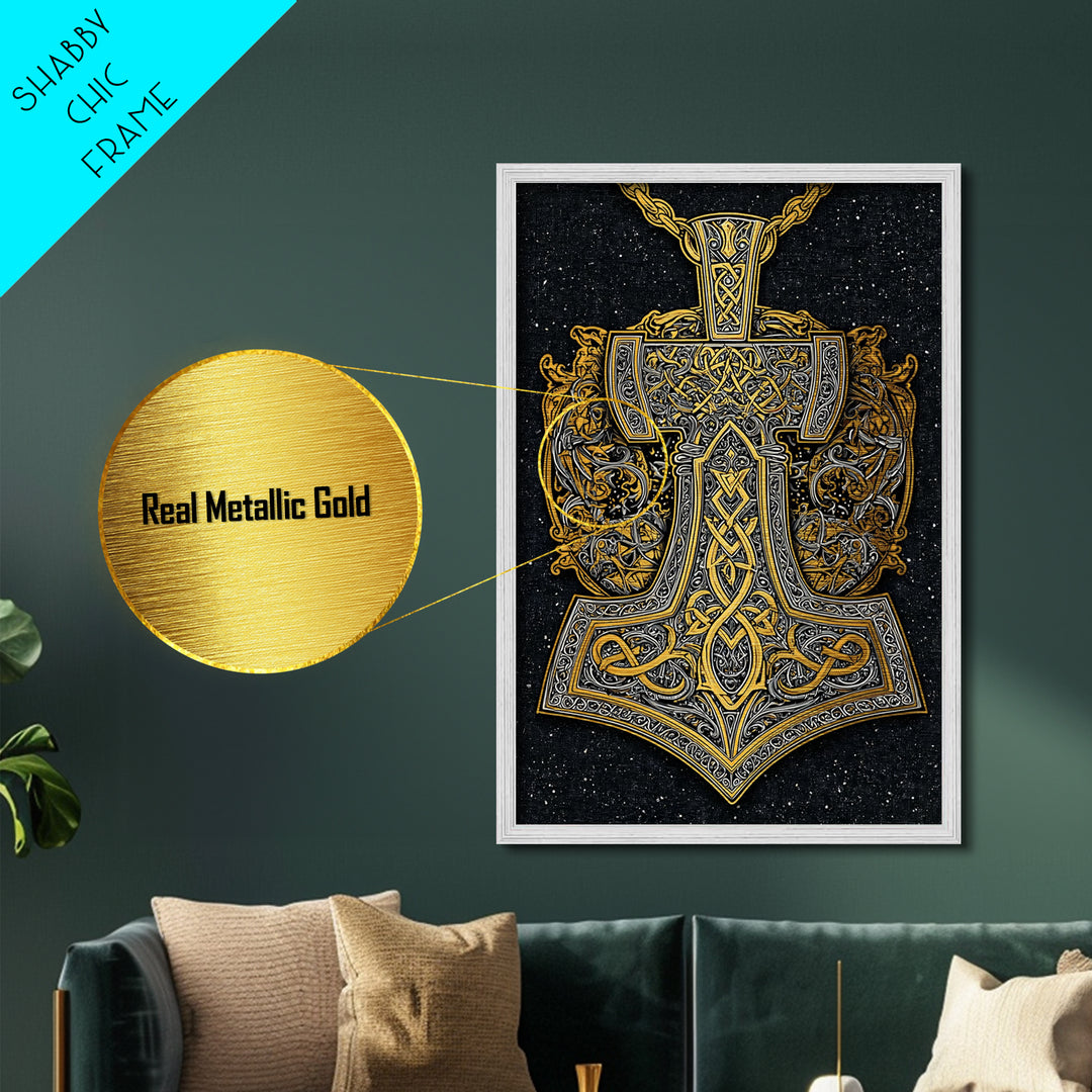 Norse Thor’s Hammer Metallic Gold Art Metal Art Viking Mjolnir Pendant Design with real wood frame, Unique Man Cave Wall Decor