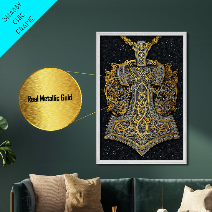 Norse Thor’s Hammer Metallic Gold Art Metal Art Viking Mjolnir Pendant Design with real wood frame, Unique Man Cave Wall Decor