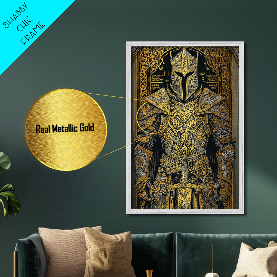 Nordic Knight Armor Metallic Gold Art, Mythology Metal Art Perfect for Man Cave Wall Decor, framed with handcrafted real wood