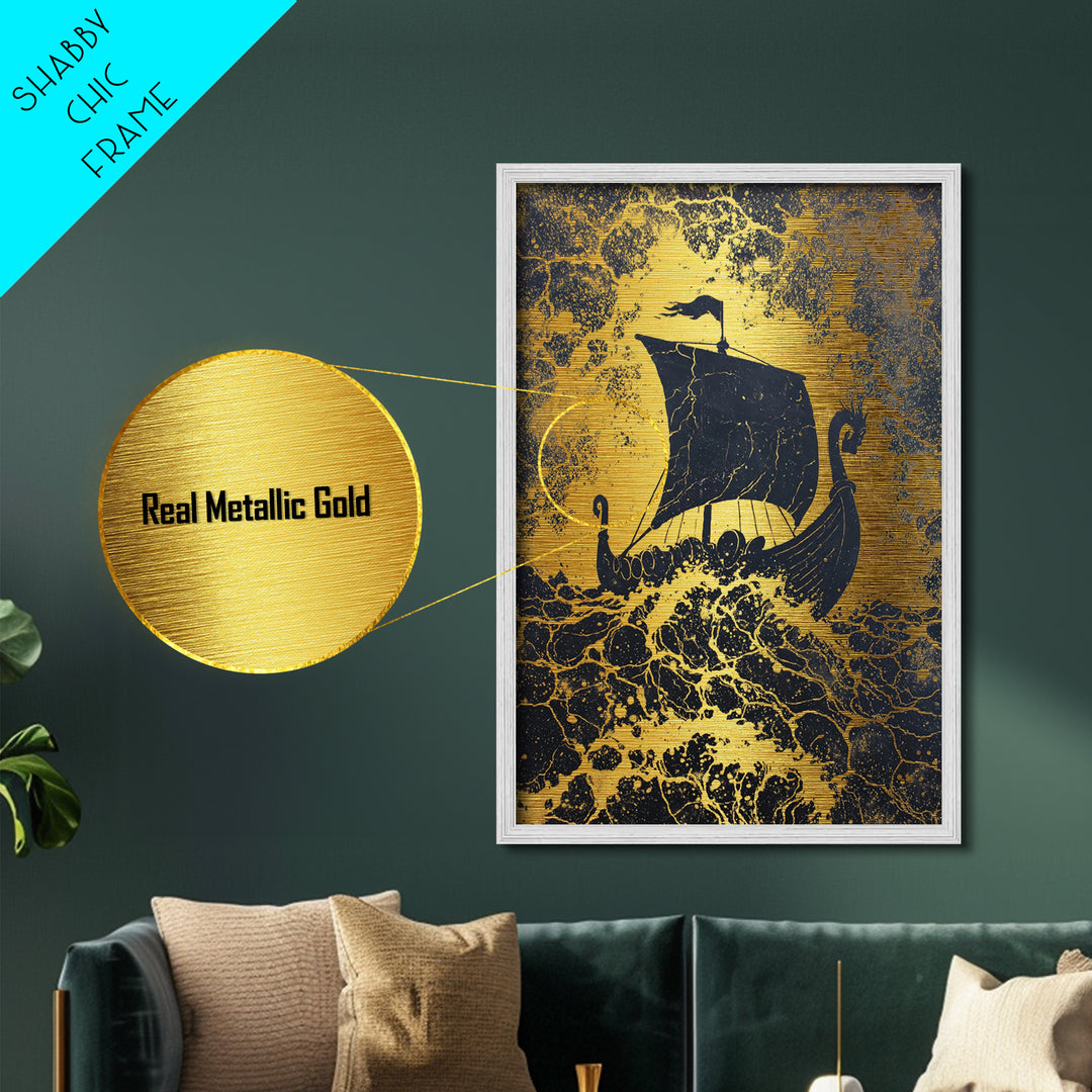 Bull Skull Nordic Totem Metallic Gold Art, Viking Metal Art with Mythology Detail, unique office decor framed in solid wood