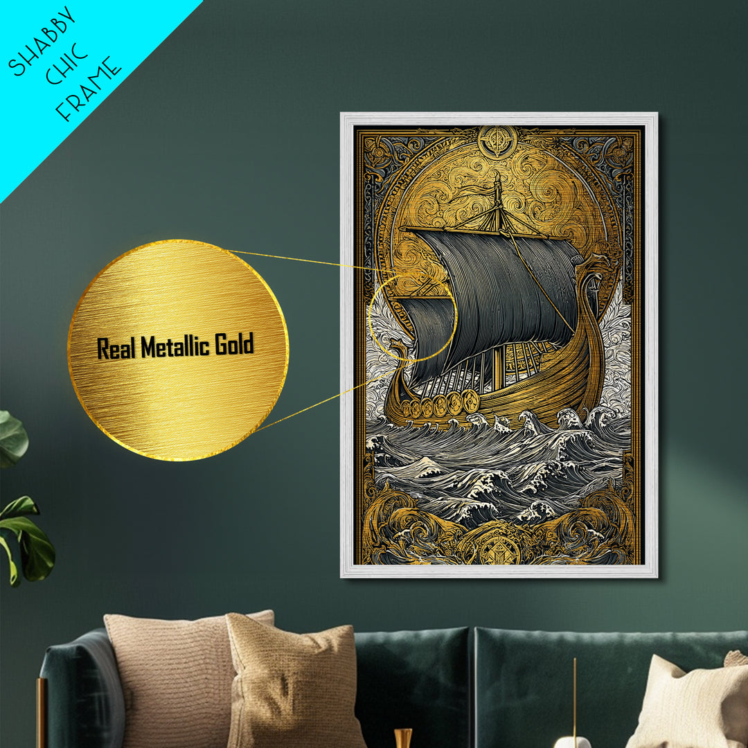 Nordic Warrior Helmet Metallic Gold Art, Viking Style Metal Art Wall Decor, striking man cave gift framed with natural wood detail