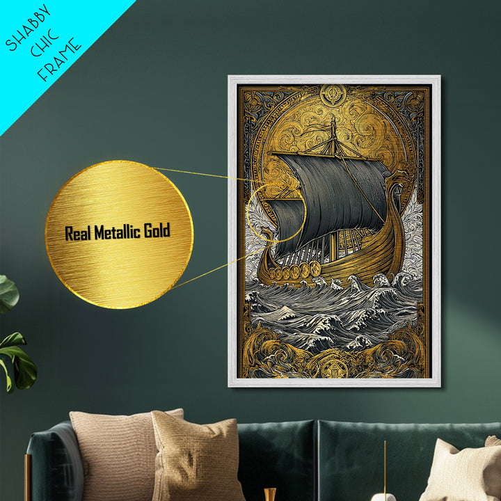 Nordic Warrior Helmet Metallic Gold Art, Viking Style Metal Art Wall Decor, striking man cave gift framed with natural wood detail
