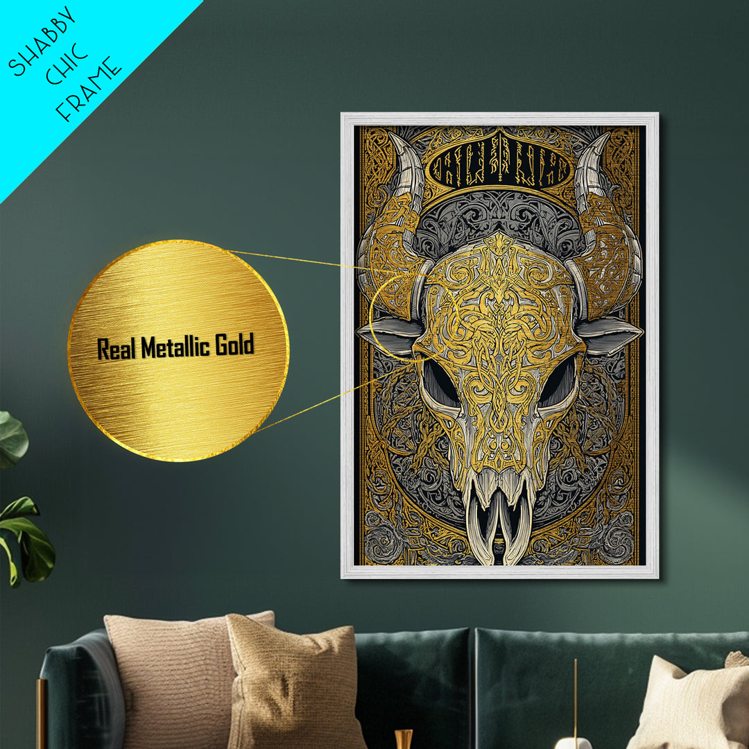 Rune Stone Metallic Gold Art, Ancient Viking Mythology Metal Art Perfect for Office or Dad Gift, framed with handcrafted wood