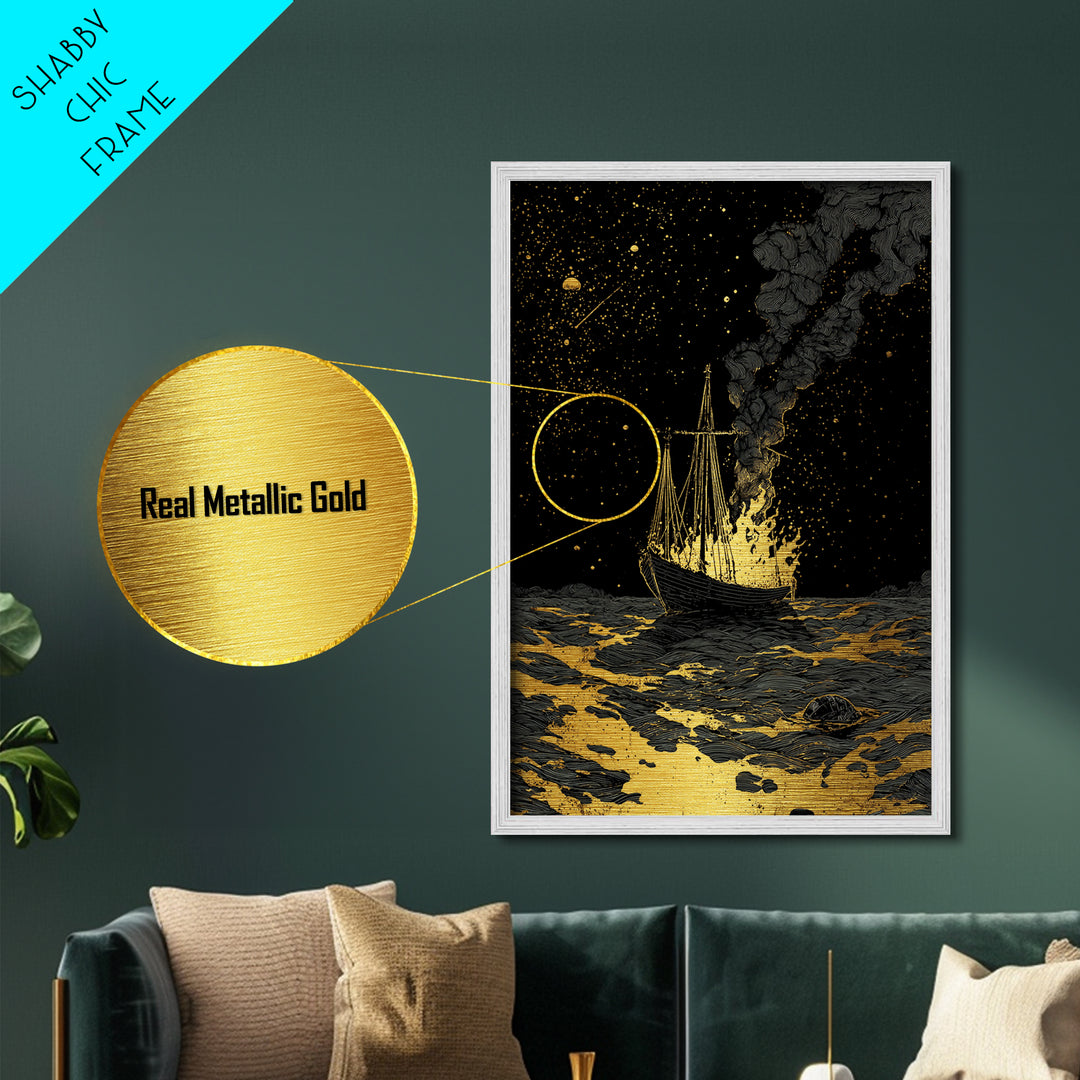 Metallic Gold Art Metal Art Viking Ship with Dragon Sail Nordic Mythology Decor Man Cave Wall Art Dad Gift with Real Wood Frame