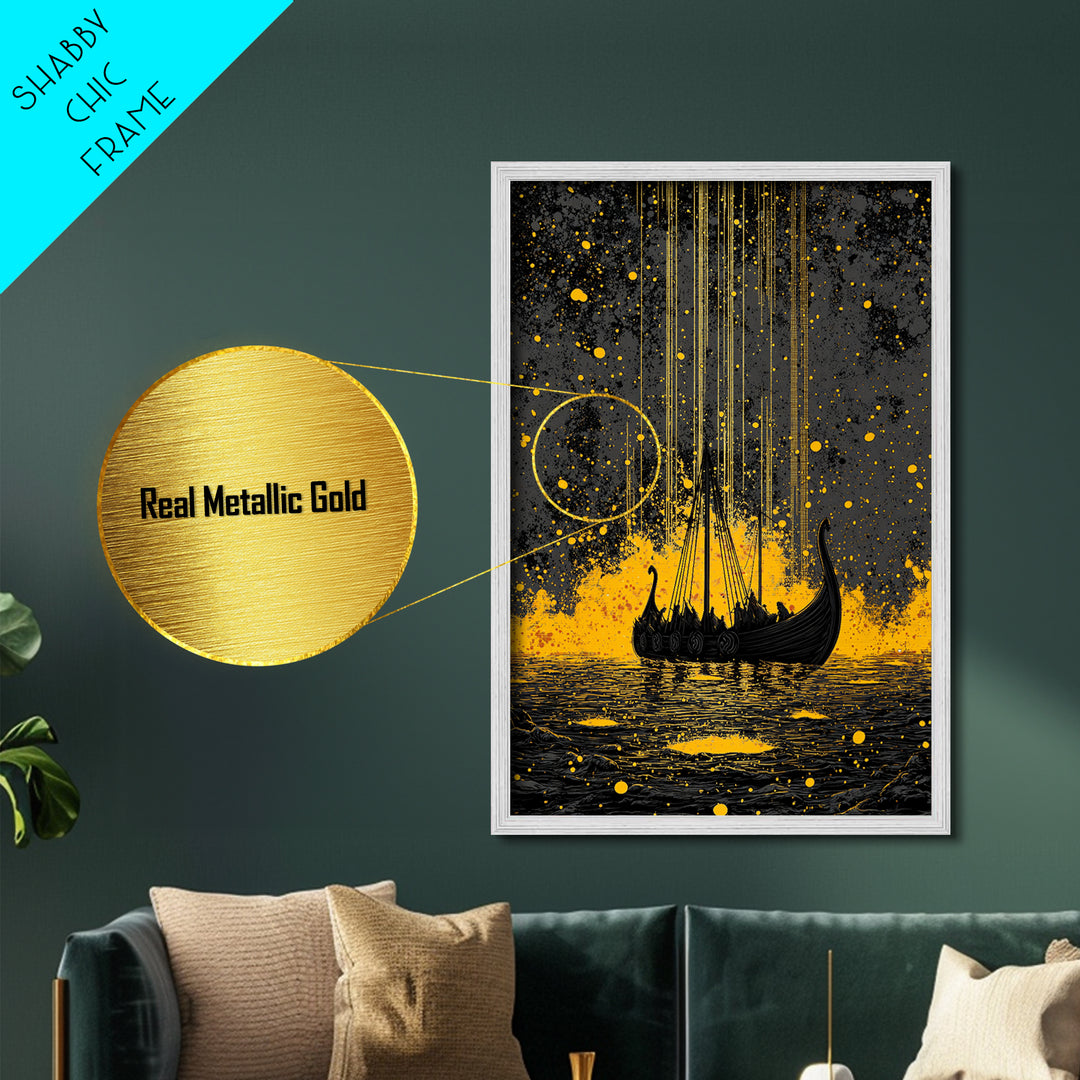 Nordic Longship Ocean Voyage Metallic Gold Art Metal Art Viking Decor for Men’s Office or Den Framed in Solid Wood Handmade