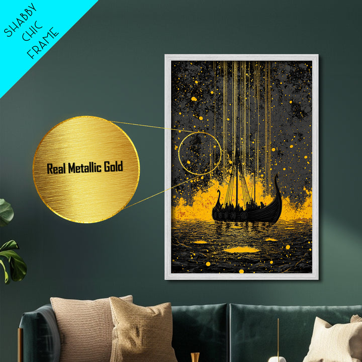 Nordic Longship Ocean Voyage Metallic Gold Art Metal Art Viking Decor for Men’s Office or Den Framed in Solid Wood Handmade