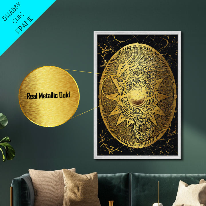 Norse Dragon Shield Metallic Gold Art, Viking Inspired Metal Art for Men’s Office or Dad Gift, crafted with real wood frame