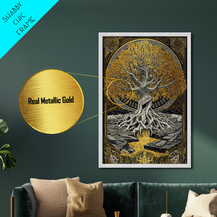 Nordic Yggdrasil Wall Decor Metallic Gold Art Metal Art Norse Mythology Tree of Life Viking Style Office Art Framed in Real Wood