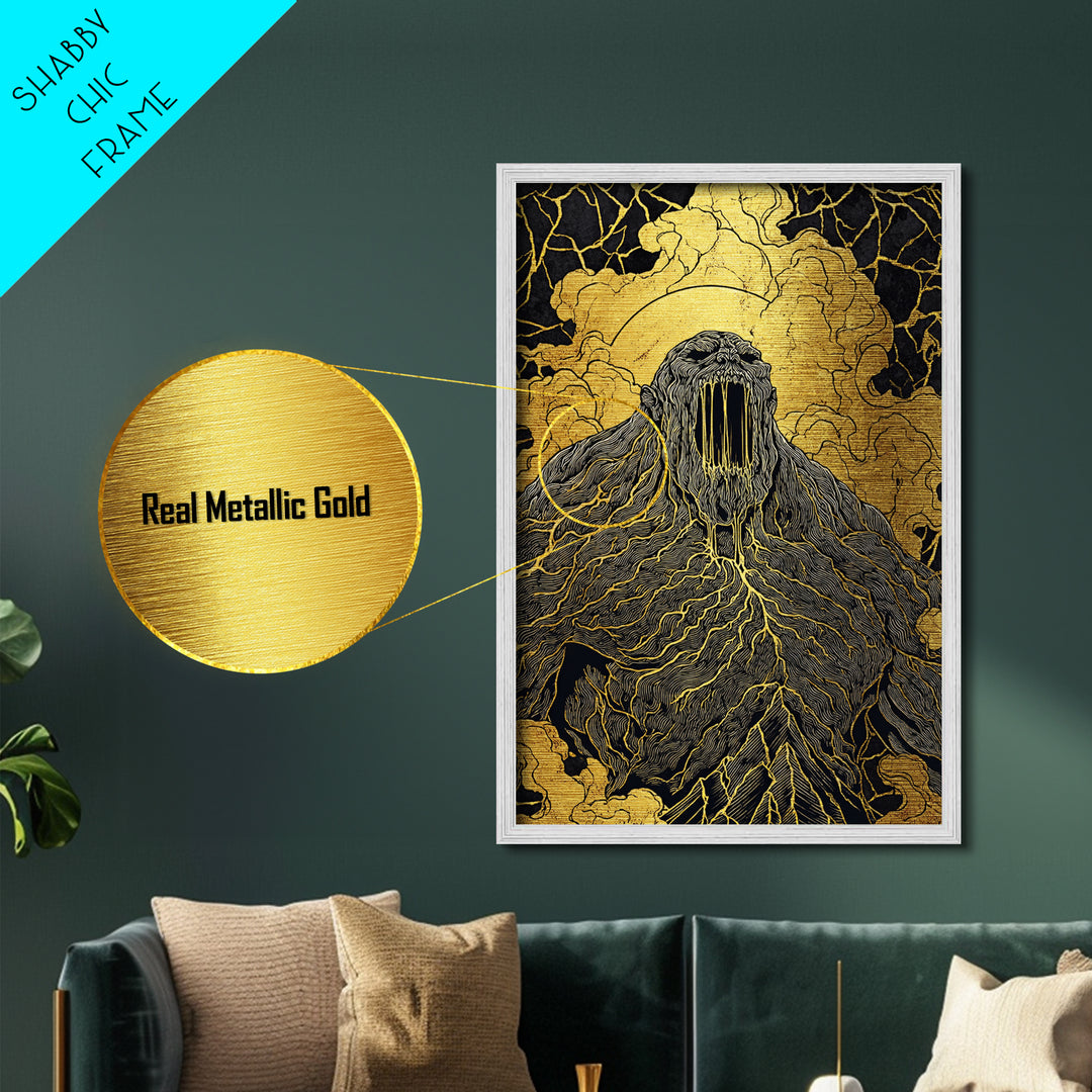 Nordic Ymir Mythology Metallic Gold Art Metal Art | Giant Norse Wall Decor in Real Wood Frame | Man Cave, Office & Dad Gift Art
