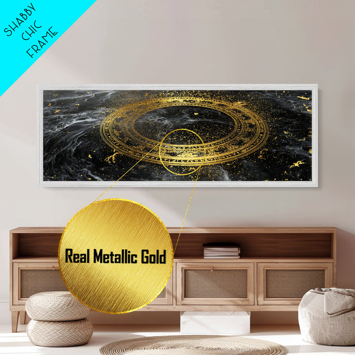 Norse Runes Metallic Gold Art, Viking Symbol Metal Art framed in real wood, Nordic Mythology Office Wall Decor, Man Cave Gift Idea