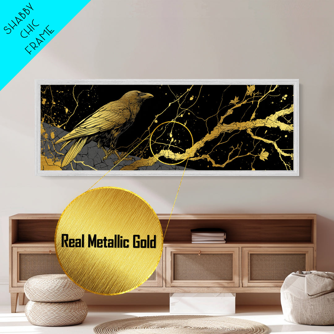 Odin’s Raven Metallic Gold Art Norse Mythology Metal Art Viking Wall Decor with natural wood frame, Man Cave or Office Gift