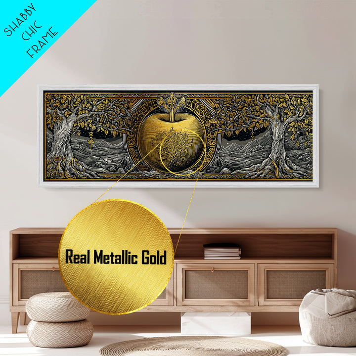 Norse Garden of Idunn Metallic Gold Art Viking Mythology Metal Art Nordic Apple Decor with real wood frame, Man Cave Wall Art