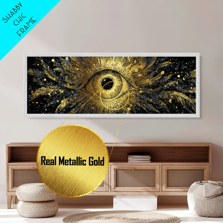 Odin’s All-Seeing Eye Metallic Gold Art Nordic Wall Decor Metal Art for Office or Man Cave, framed in natural wood