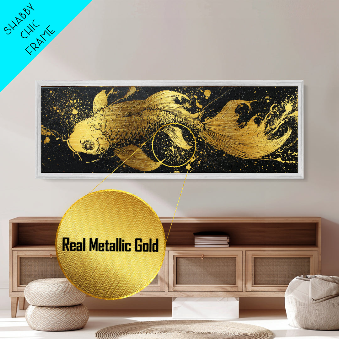 Koi Fish Metallic Gold Art Japanese Nordic Fusion Wall Art Metal Art with real wood frame, great Viking Dad Gift or Office