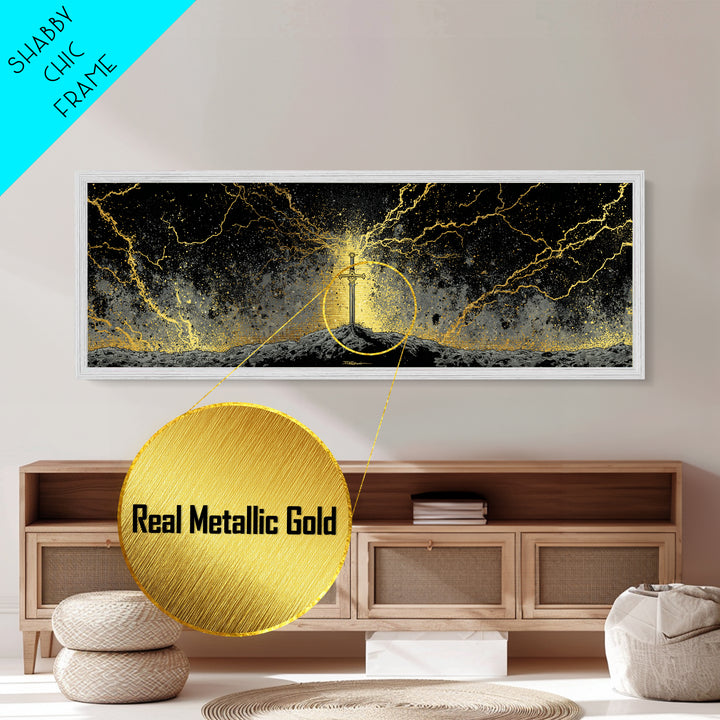 Legendary Sword Metallic Gold Art Norse Mythology Metal Art Wall Decor for Men, Office or Man Cave framed in real wood