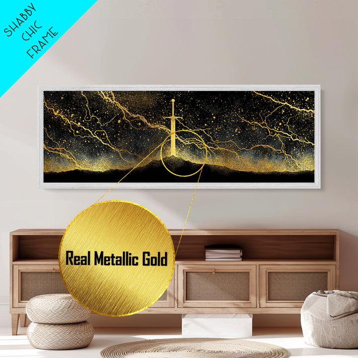 Mythic Sword of the Gods Metallic Gold Art Nordic Wall Decor Metal Art framed in real wood, perfect Man Cave or Dad Gift