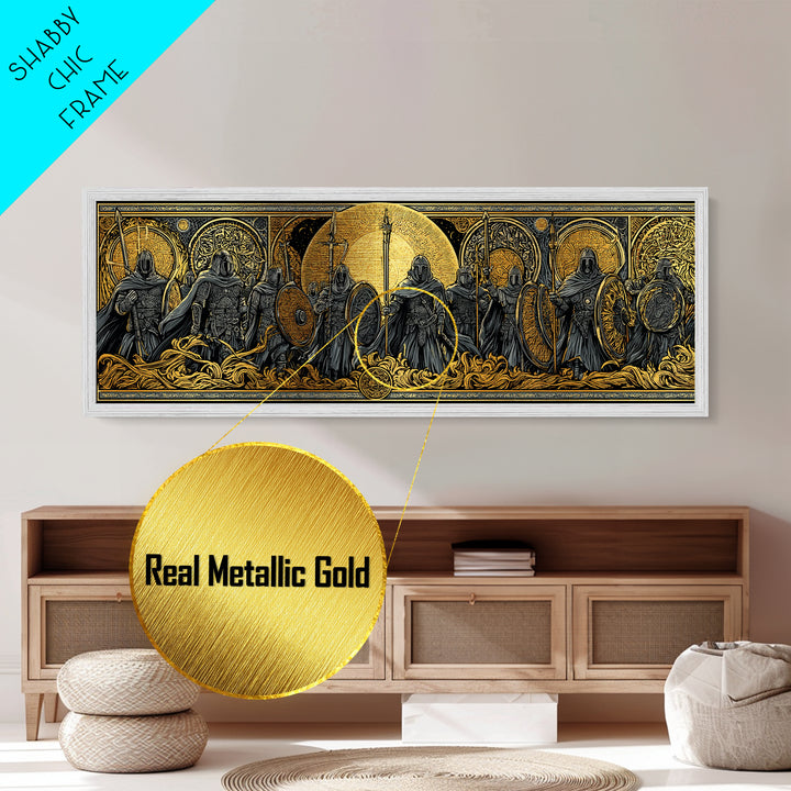 Einherjar Warriors Metallic Gold Art Norse Mythology Metal Art with wood framing, Viking Man Cave Wall Art for Dad Gift