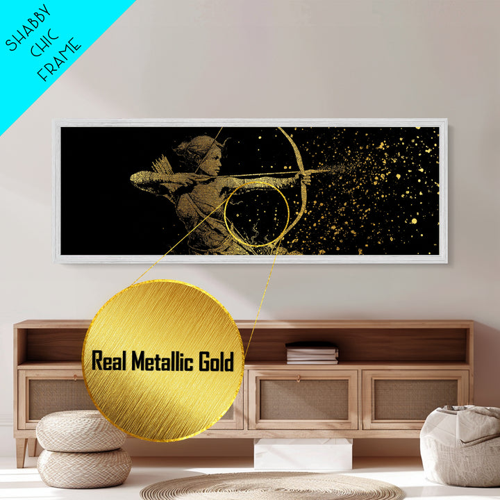 Archer Goddess Metallic Gold Art Norse Mythology Female Warrior Metal Art with real wood frame, Office Art or Dad Gift