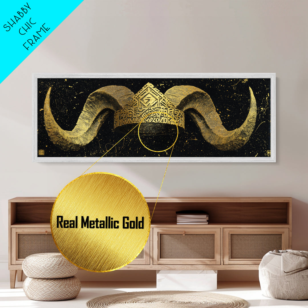 Nordic Horned Crown Metallic Gold Art, Viking Inspired Metal Art Wall Hanging, Office Decor or Dad Gift in real wood frame