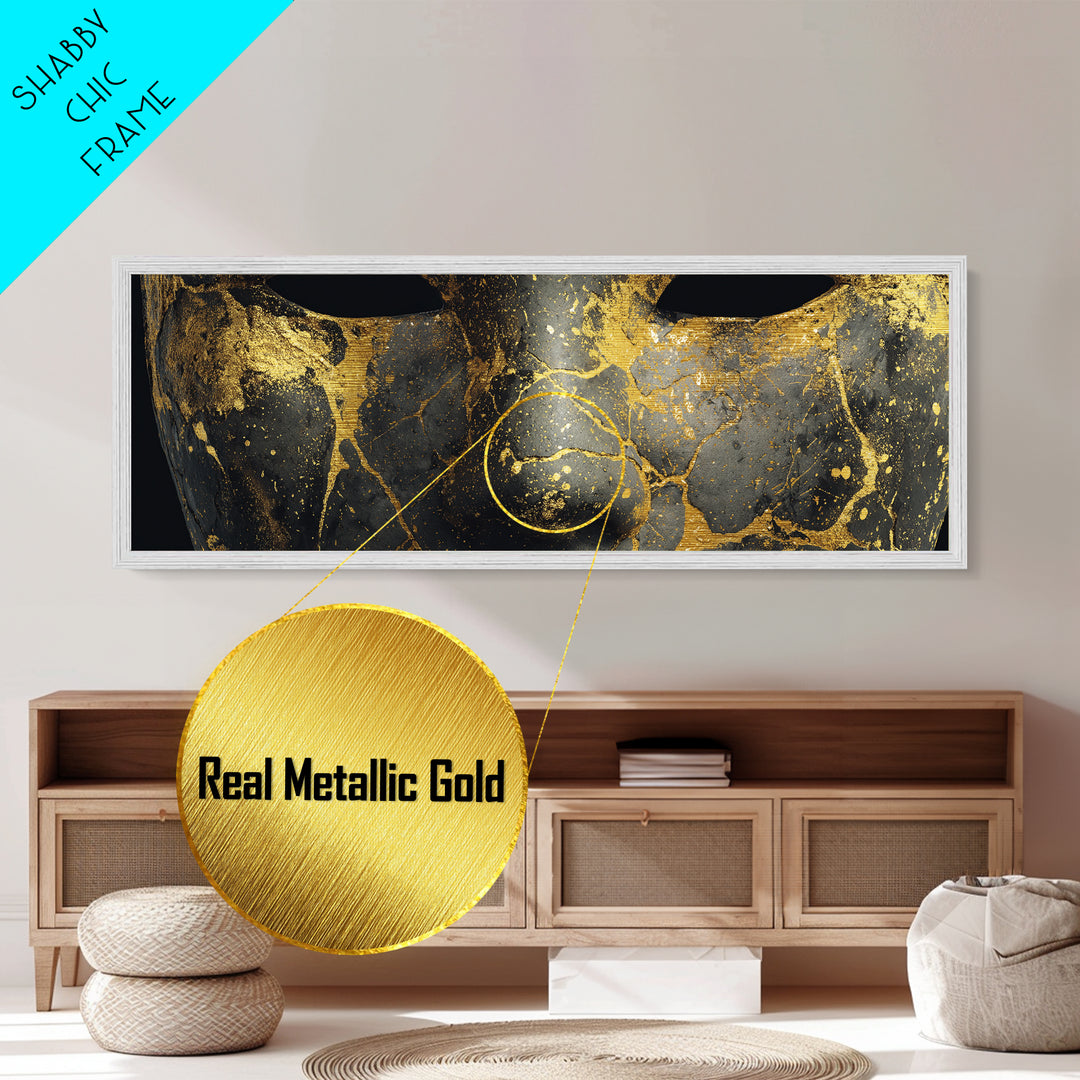 Kintsugi Mask Metallic Gold Art, Norse Mythology Metal Art Wall Decor, Unique Nordic Office Accent framed in real wood
