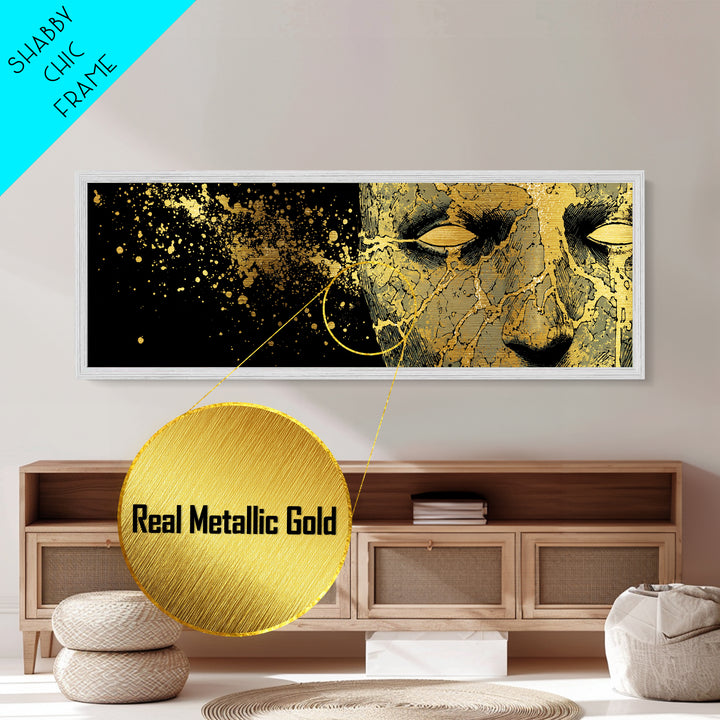 Metal Art Metallic Gold Broken Face Nordic Mask, Norse Mythology Office or Man Cave Art, Viking Decor with natural wood frame