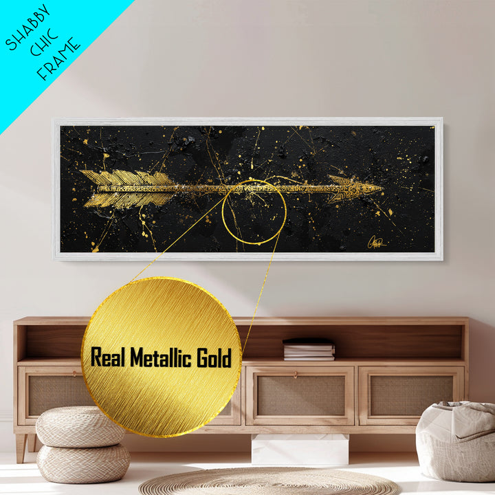 Viking Arrow Metallic Gold Art, Rune Engraved Metal Art Wall Hanging, Norse Mythology Man Cave Decor with real wood frame