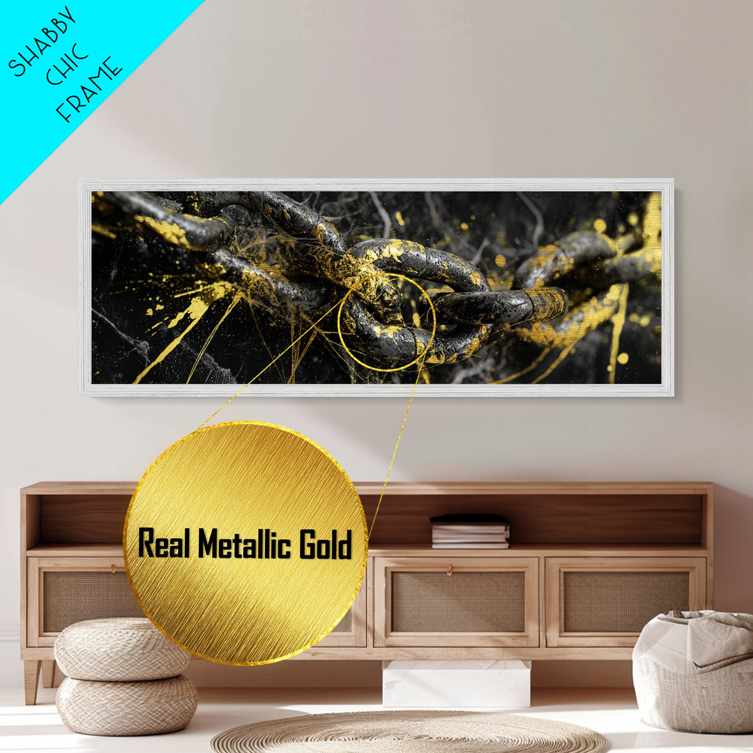 Nordic Chain Symbol Metallic Gold Art Metal Art, Norse Mythology Office Decor for Men, framed in natural real wood