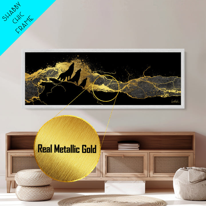 Howling Wolves Norse Metallic Gold Art Metal Art, Nordic Mythology Office Art for Dad Gift or Man Cave, natural wood framed