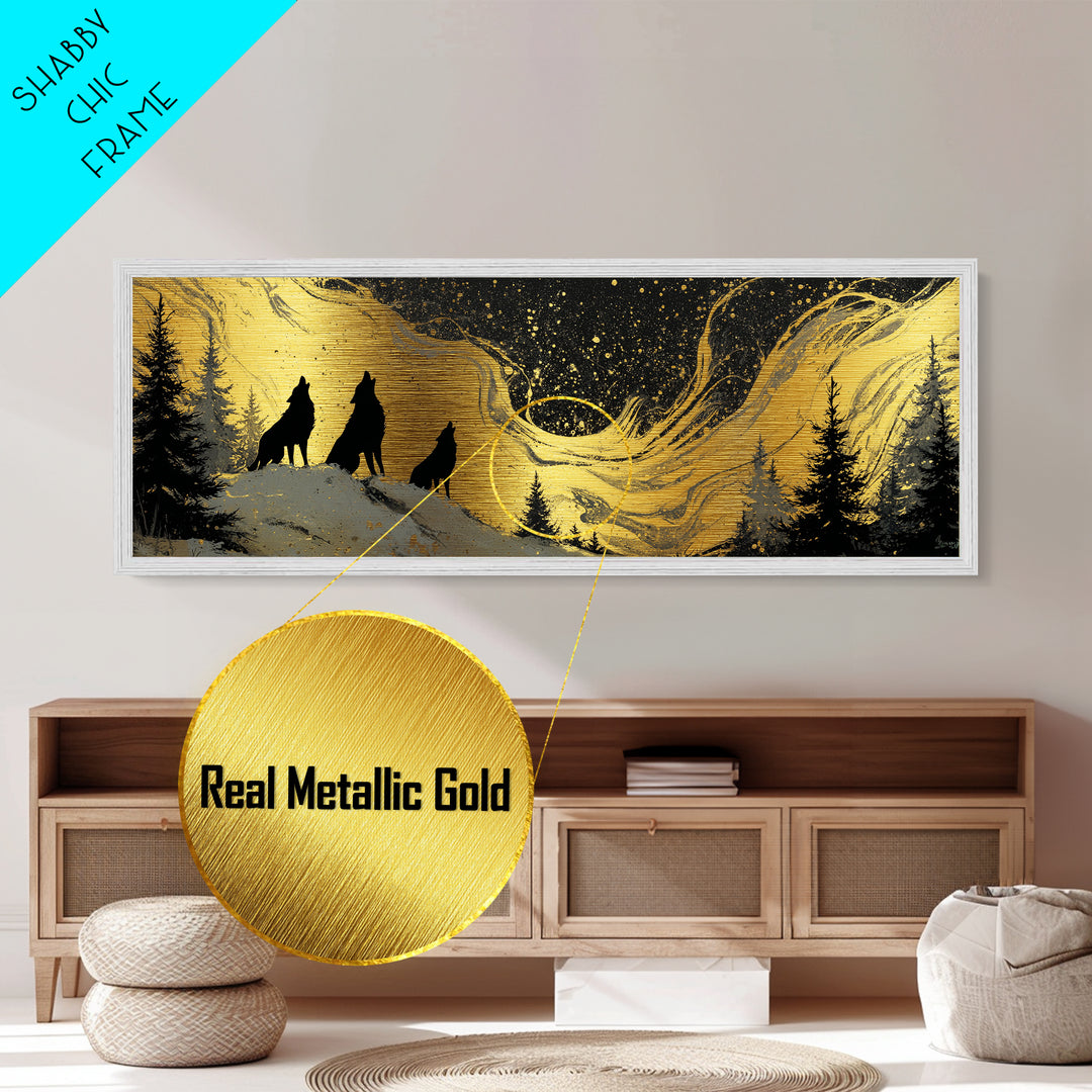 Nordic Wolves Under Stars Metallic Gold Art Metal Art, Viking Mythology Night Sky Office Decor, framed in solid wood