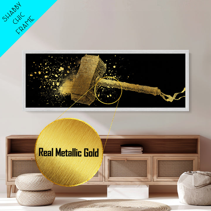 Thor’s Hammer Mjolnir Metallic Gold Art, Norse Mythology Metal Art with real wood frame, Viking Office Wall Decor, Unique Dad Gift