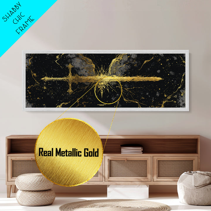 Golden Sword Metallic Gold Art, Norse Mythology Metal Art framed in real wood, Viking Office Wall Decor, Nordic Man Cave Gift