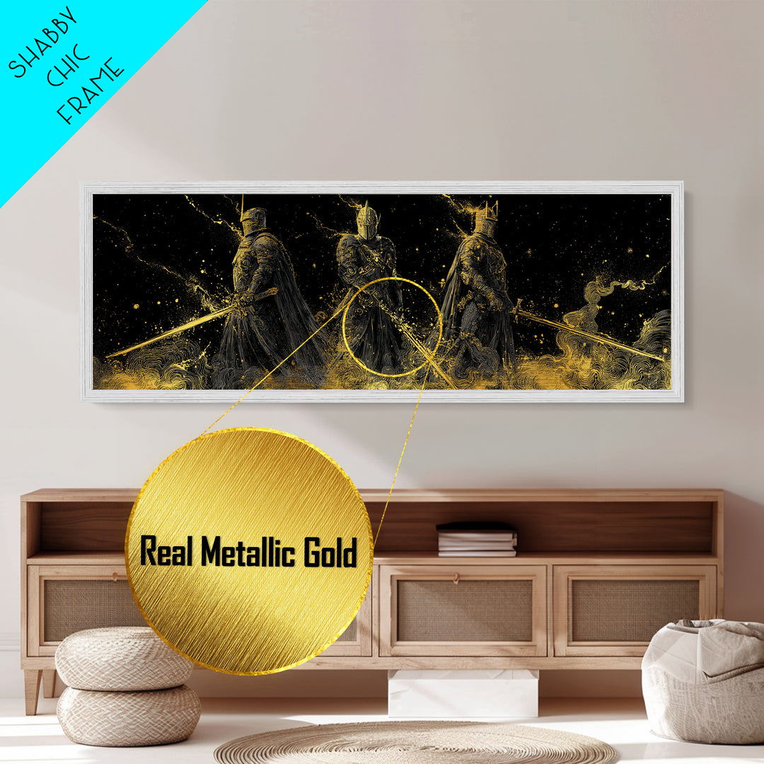 Einherjar Warriors Viking Metallic Gold Art Metal Art, Norse Mythology Office Art Dad Gift, framed in natural wood