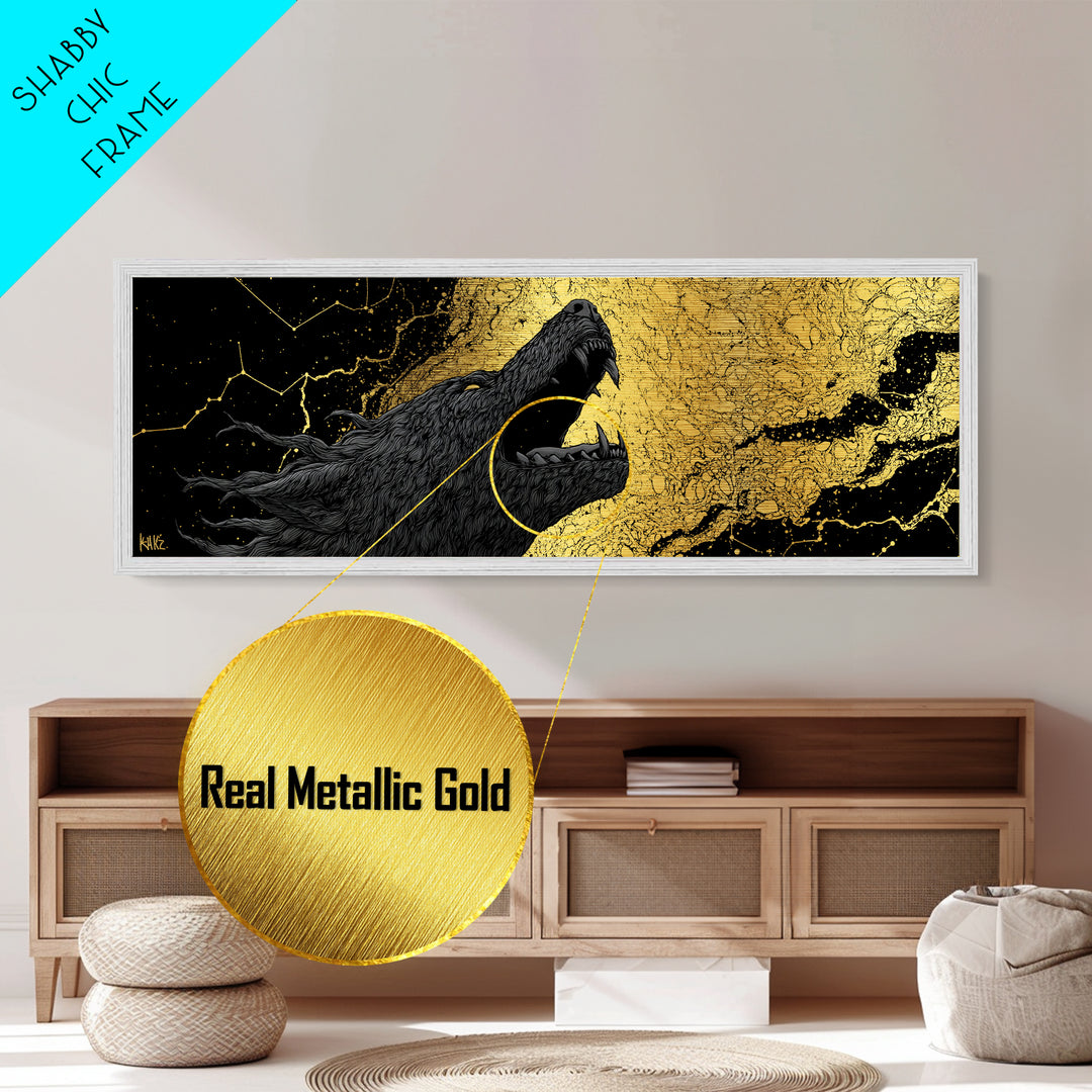 Fenrir Bound Norse Wolf Metallic Gold Art Metal Art, Nordic Mythology Office Decor for Men, framed in natural wood