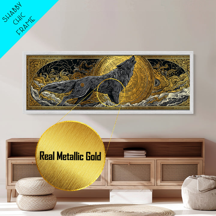 Fenrir Wolf of Ragnarok Metallic Gold Art Metal Art, Norse Mythology Office Decor Man Cave Wall Art, with real wood frame