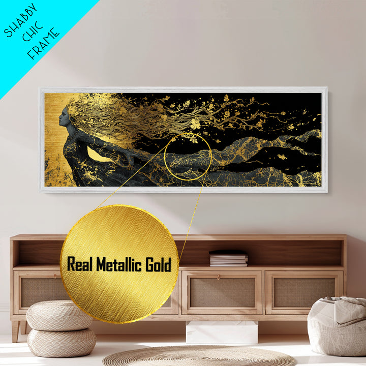 Norse Goddess Freyja Metallic Gold Art Metal Art, Viking Mythology Office Art Man Cave Decor, in handcrafted wood frame