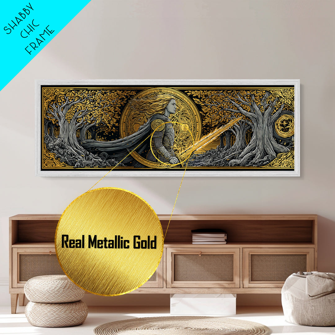 Hervor Nordic Warrior Goddess Metallic Gold Art, Mythology Inspired Metal Art, Dad Gift or Office Art, Framed in Natural Wood