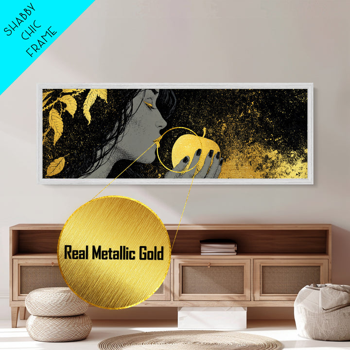 Norse Goddess Idunn Metallic Gold Art with Apple of Youth, Nordic Mythology Metal Art, Office or Man Cave Gift, Framed in Wood