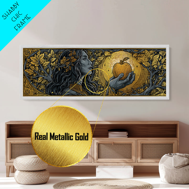 Idunn with Golden Apple Metallic Gold Art, Norse Mythology Goddess Metal Art, Nordic Office Wall Decor, Real Wood Frame
