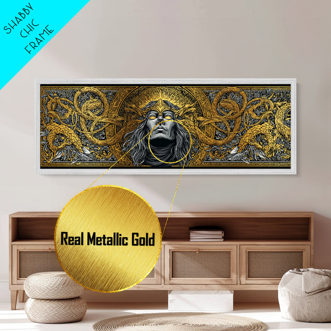 Norse Trickster Loki Metal Art, Metallic Gold Art for Viking Lovers, Nordic Mythology Office or Dad Gift, Framed in Natural Wood